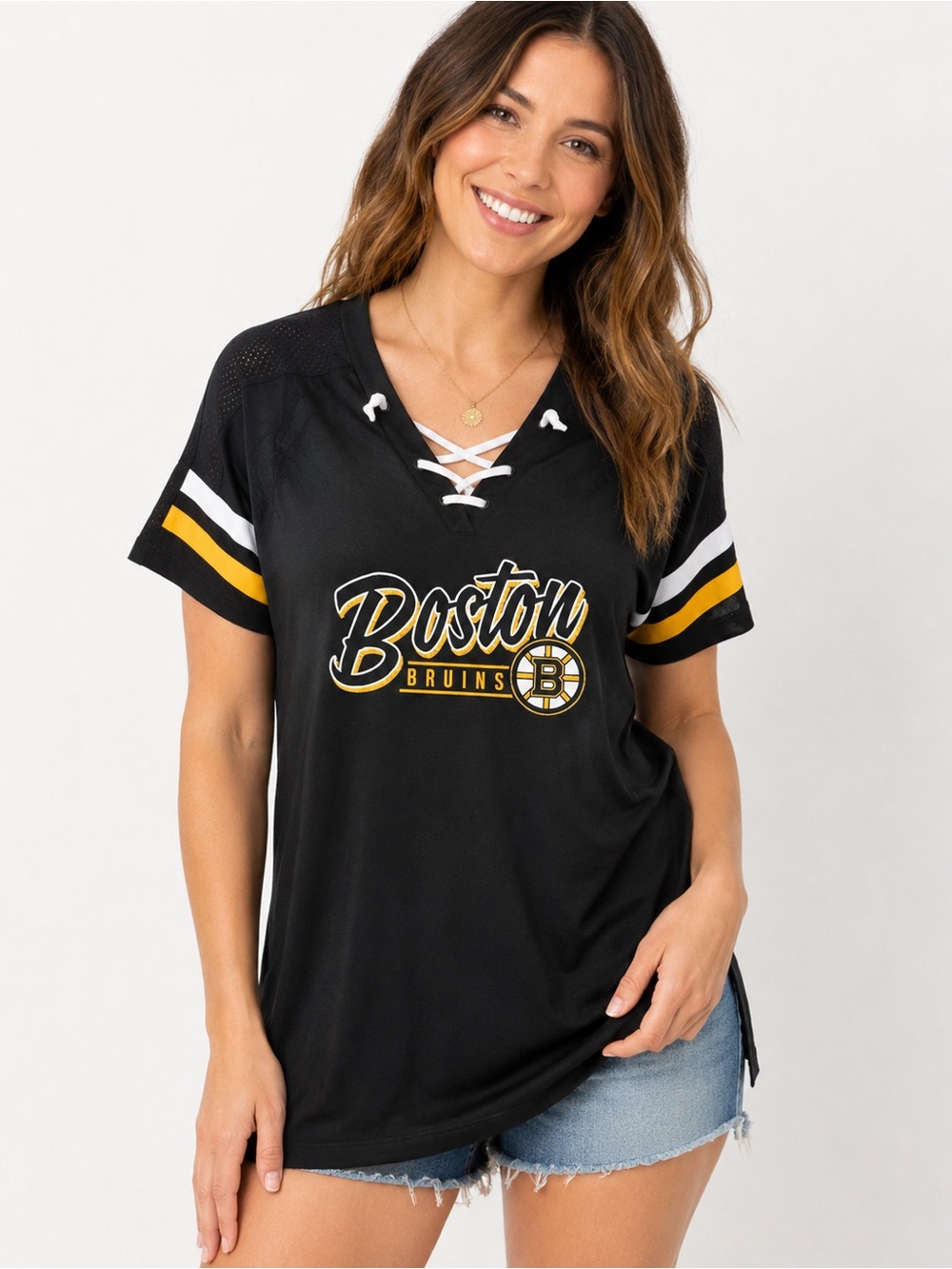 NHL Boston Bruins Women’s Lace Up Jersey Top Black Gold Size Large